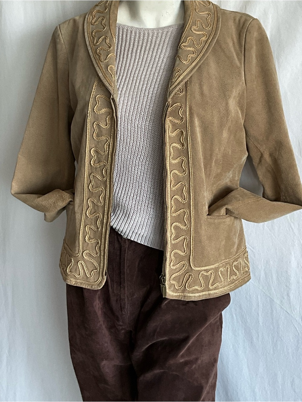 Vintage Suede Leather Jacket Womens Soutache Embroidered Western Boho 40” Chest